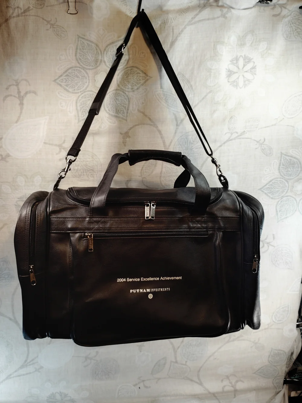 Leeds Black Faux Leather Duffel/Travel Bag w/Front & Side Zipper Pockets w/ Logo